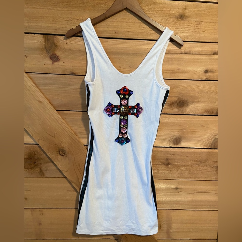 Deco White Tank Top Dress with Crystal Cris’s and Side Piping Detail